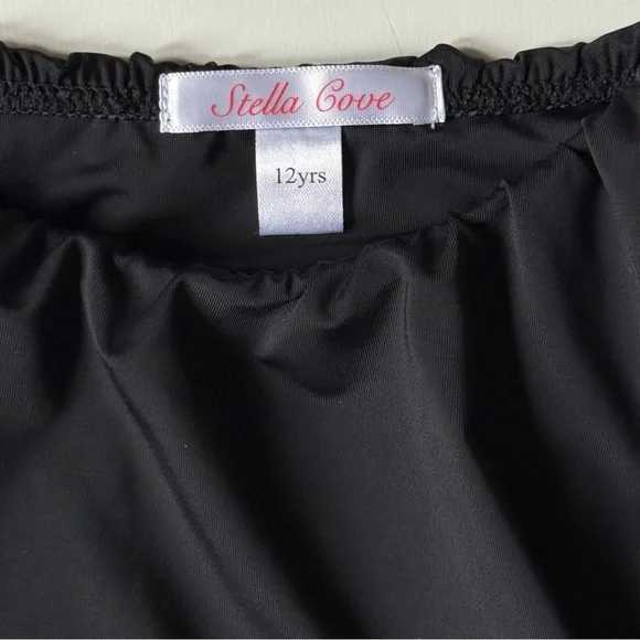 Stella Cove Girls Black Ruffle Swimsuit with Gucci-Style Belt - Size 12Y